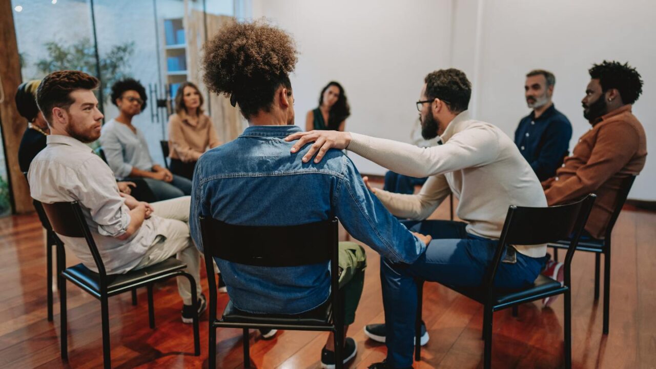 A 12-step program meeting during drug detox in Austin, TX.